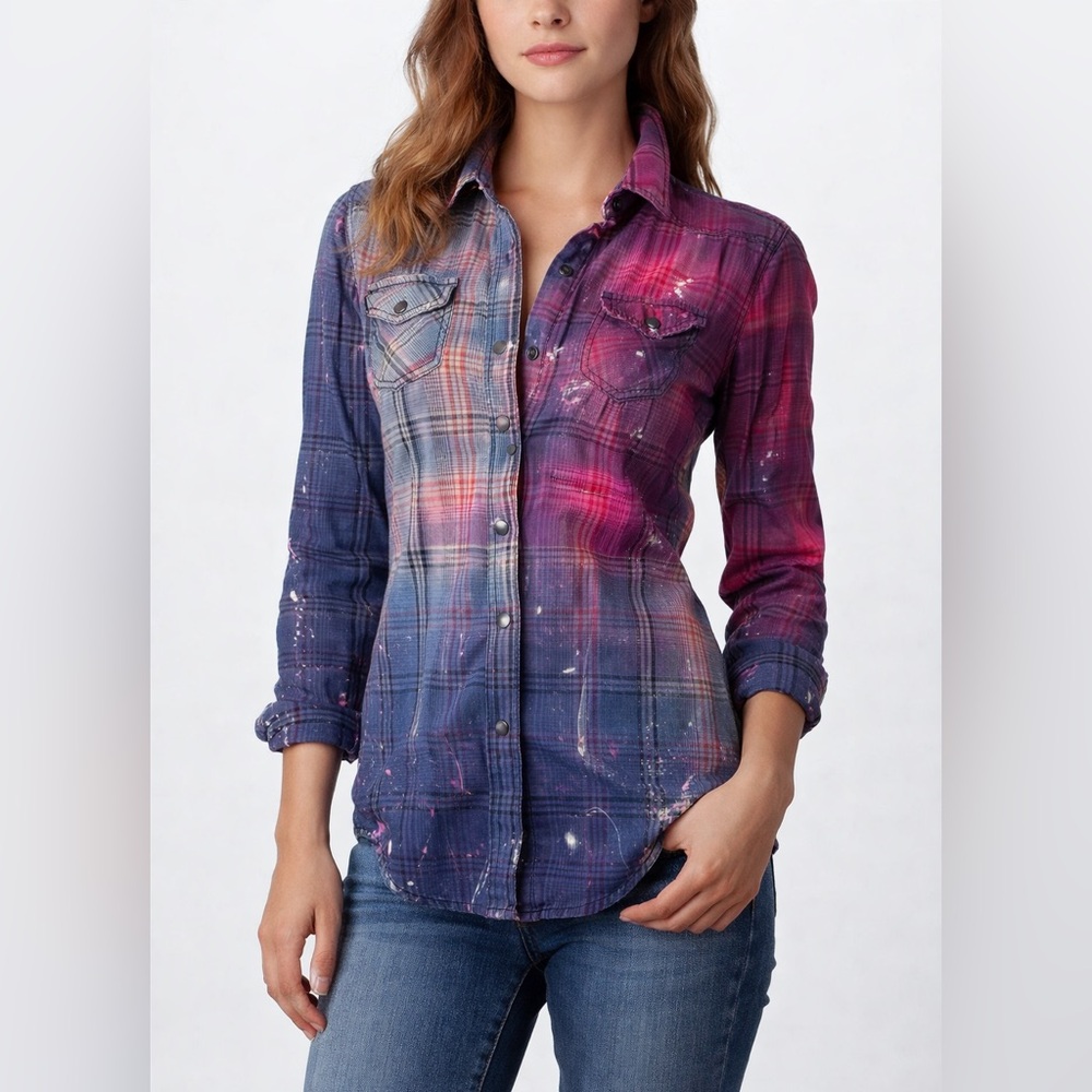 Metropark Pink Blue Plaid Button Down Shirt XS Grunge Bleach Splatter Y2K Top